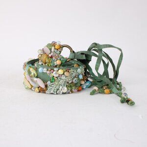 Mary Frances Belt $195 Sz M/L Green Multi Color Beaded Fabric 35" Belt